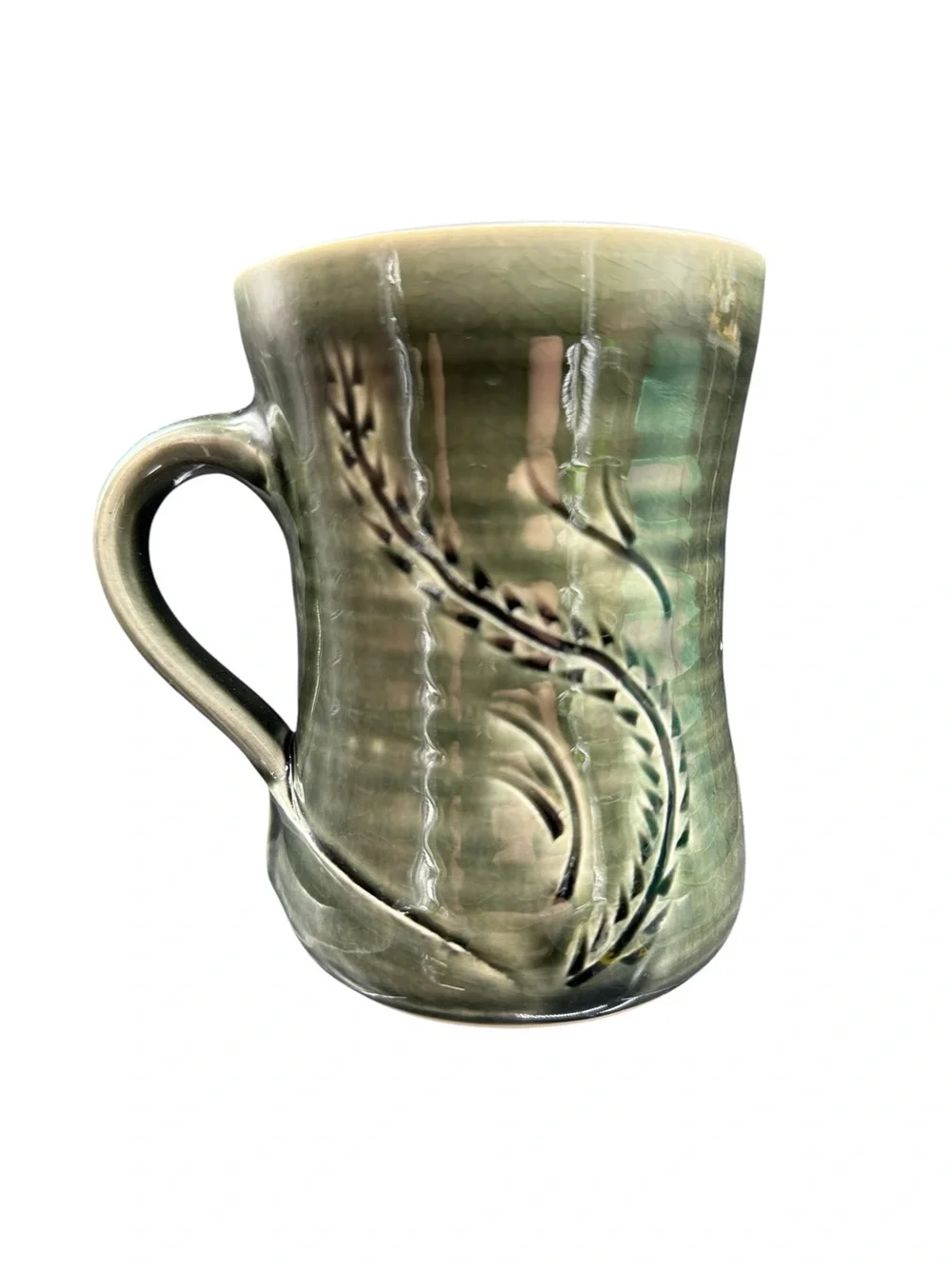 Studio Pottery Mug Green Drip Glaze Stoneware Coffee Cup Signed DTP J